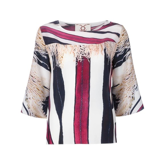 Figue Size S 'Aidia' Blouse Top Silk Red Blue White Elbow Sleeves - Picture 5 of 6